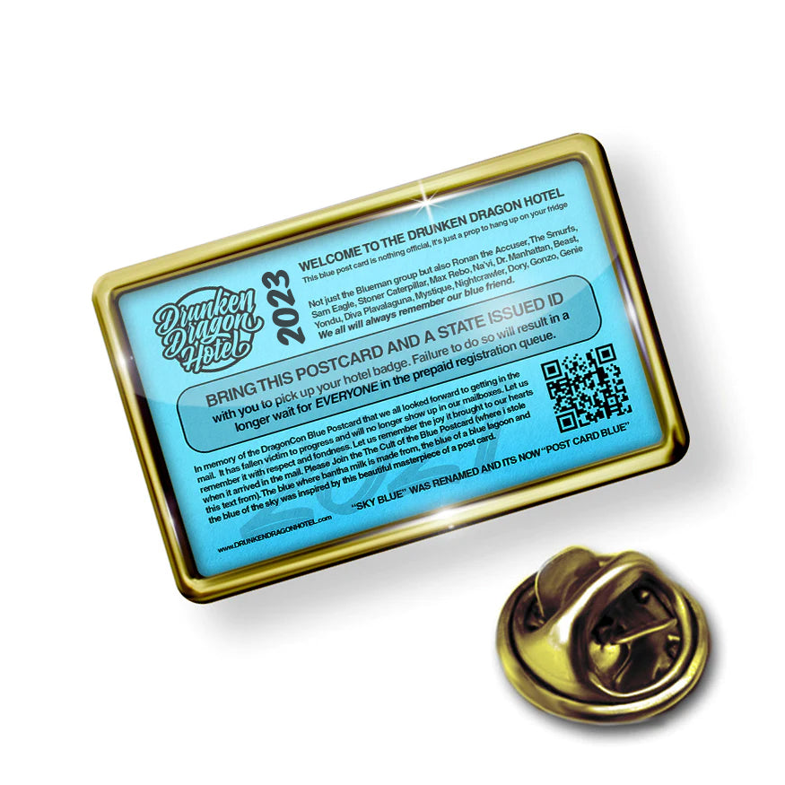 Blue Postcard 2025! Pin Drunken Dragon Hotel 1.25 x 1.75