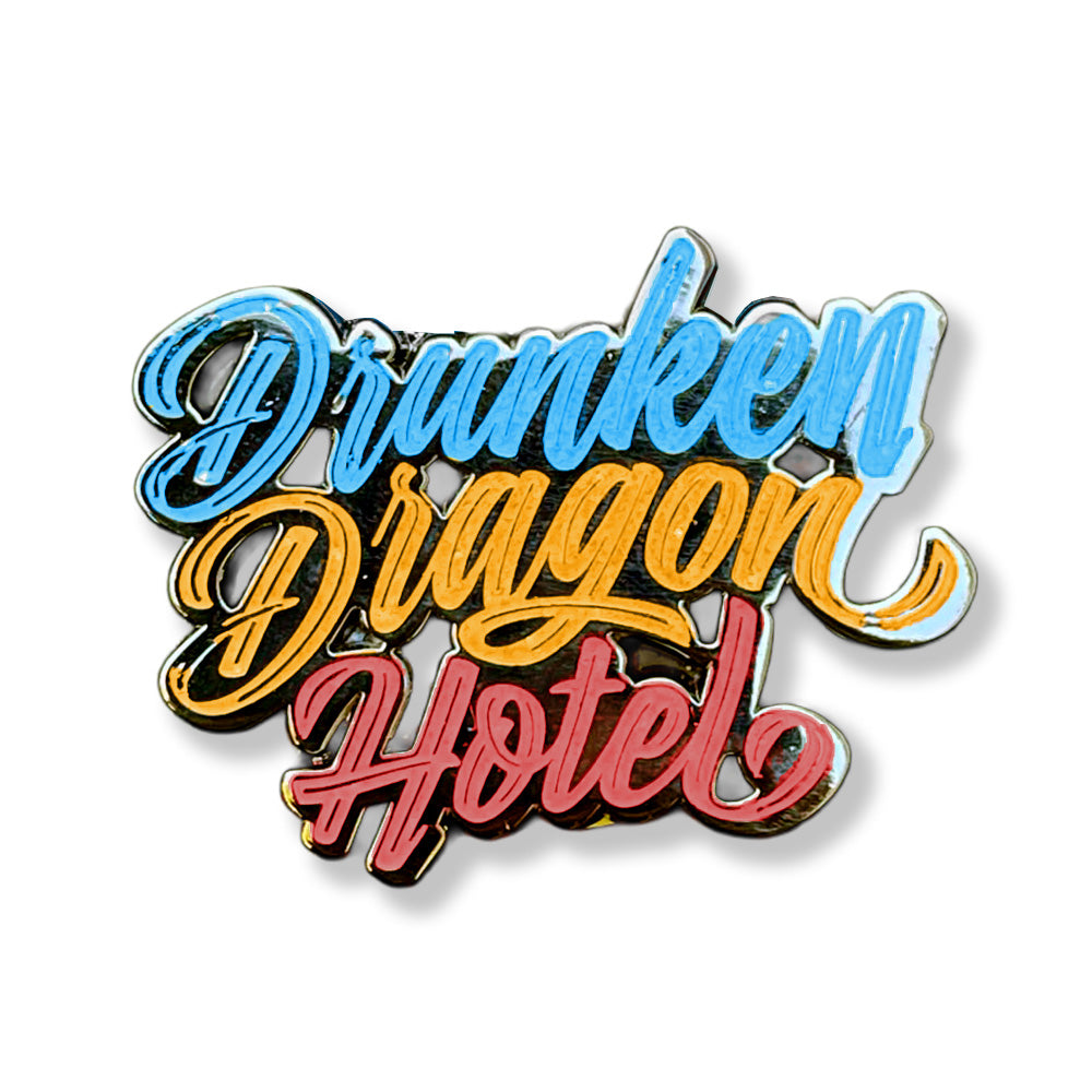 Drunken Dragon Hotel Pin Blue Yellow Red 1.3"