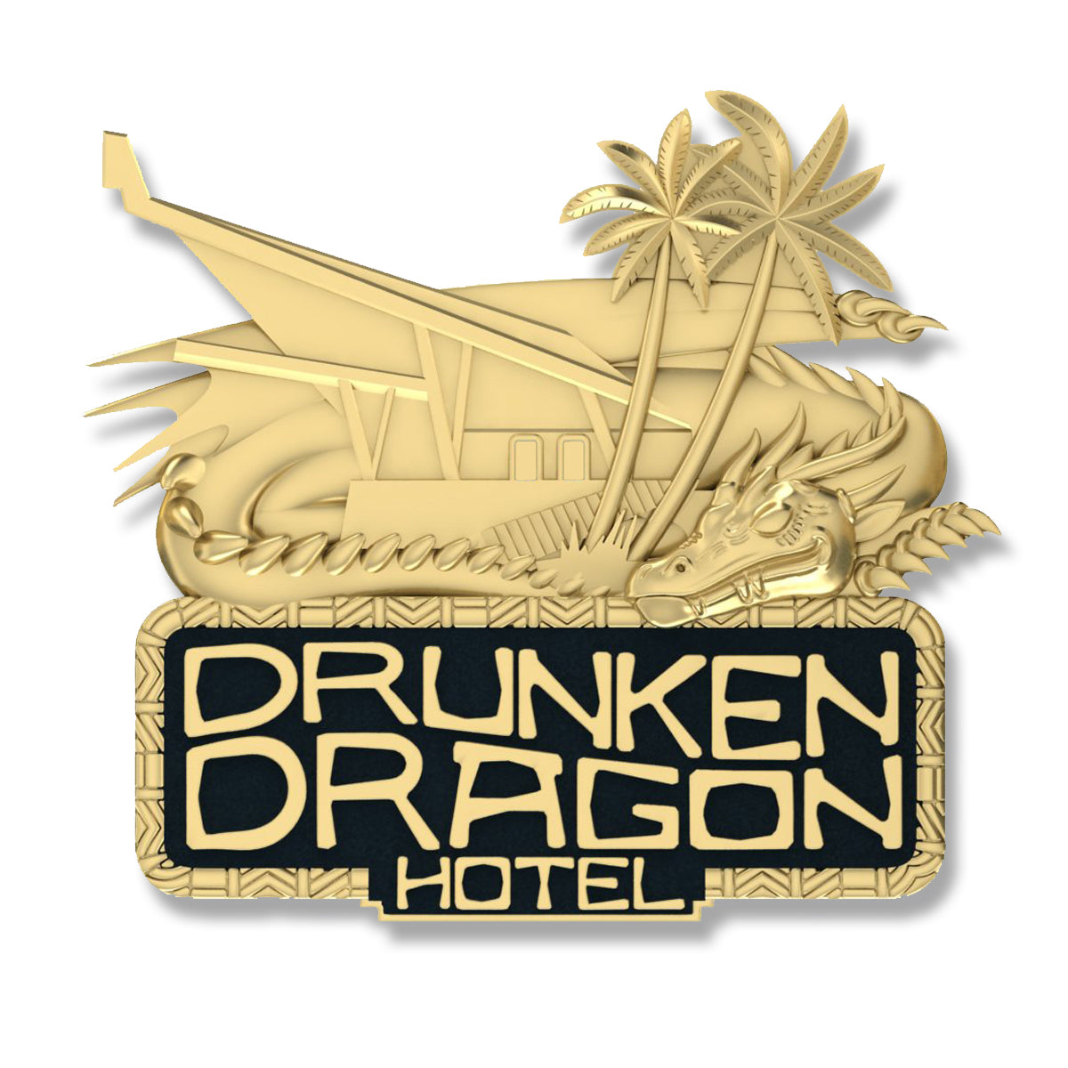 Gold Drunken Dragon Hotel Tiki Logo 1.7" Pin
