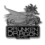 Antique Silver Drunken Dragon Hotel Tiki Logo 1.7" pin
