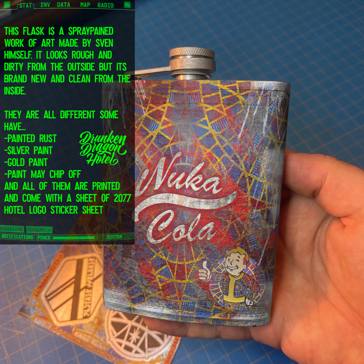 Fallout Nuka Cola Flask, And Sticker Sheet. – Drunken Dragon Hotel