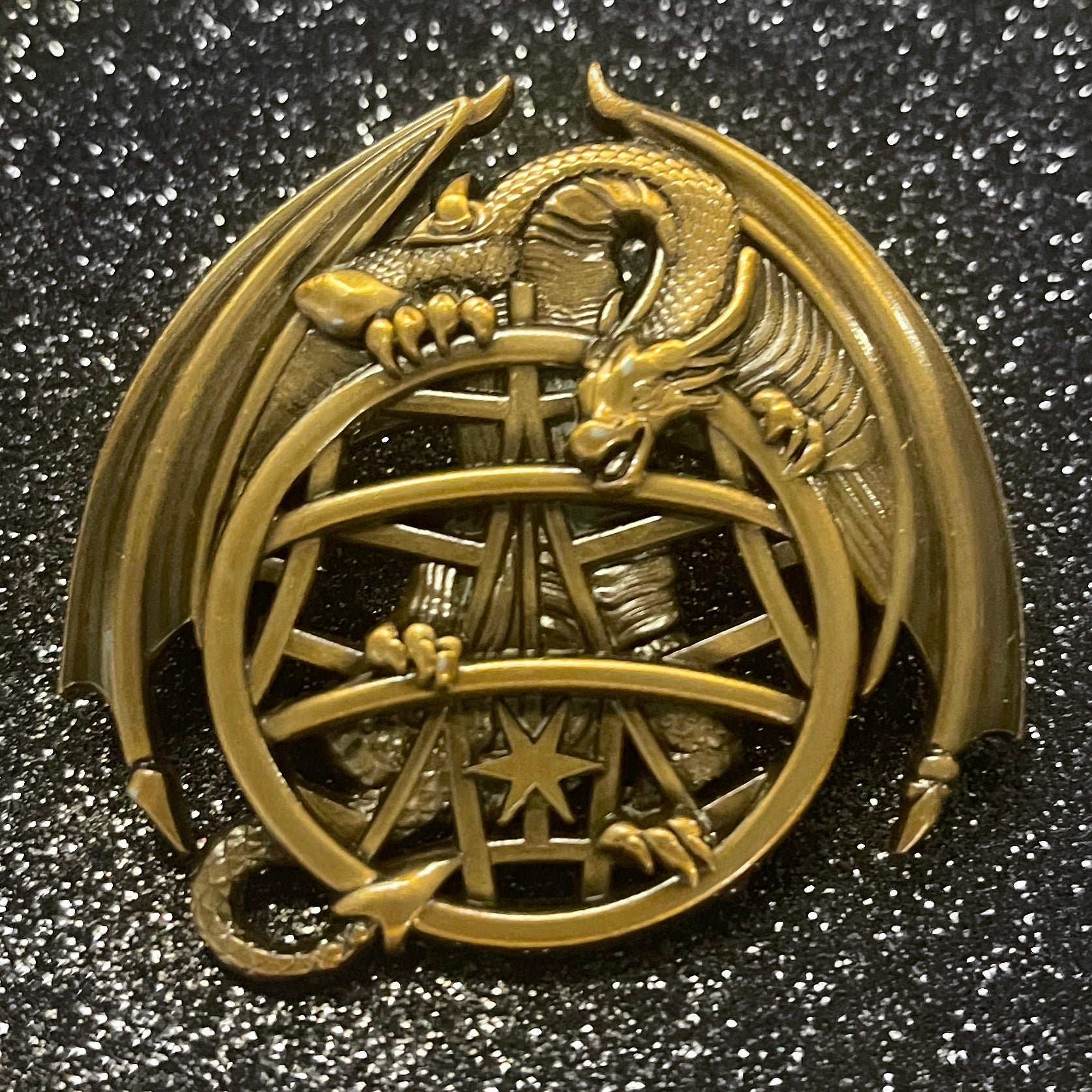 Vintage Crest Drunken Dragon Hotel 2.5" Brass Pin