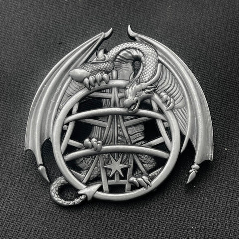 Crest Drunken Dragon Hotel 2.5" Antique Silver Pin