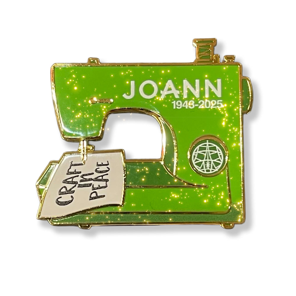 NEW Sparkling Glitter Joann RIP Sewing Enamel Pin 2"