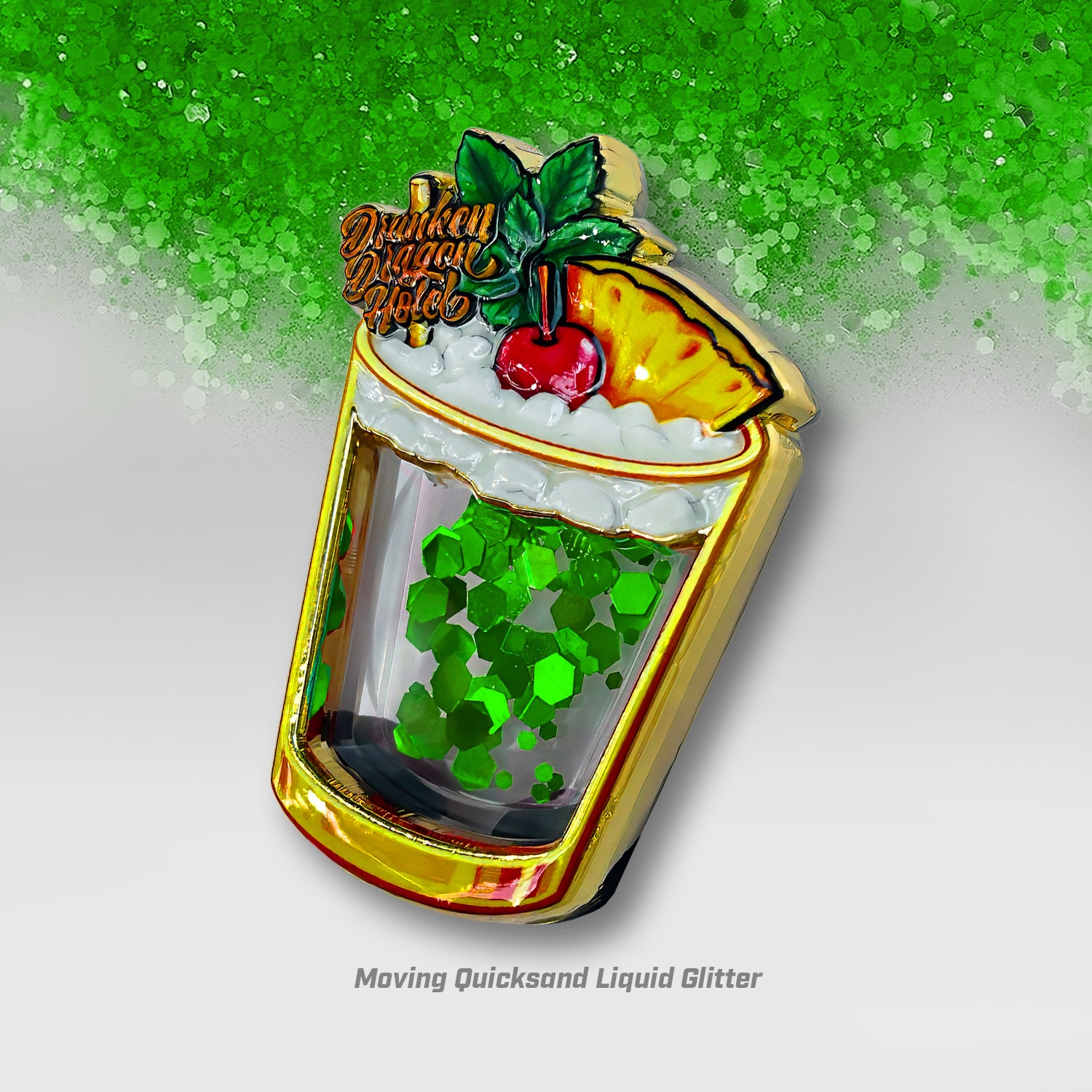 Liquid Glitter DDH Chartreuse Mai Tai Pin 1.7"