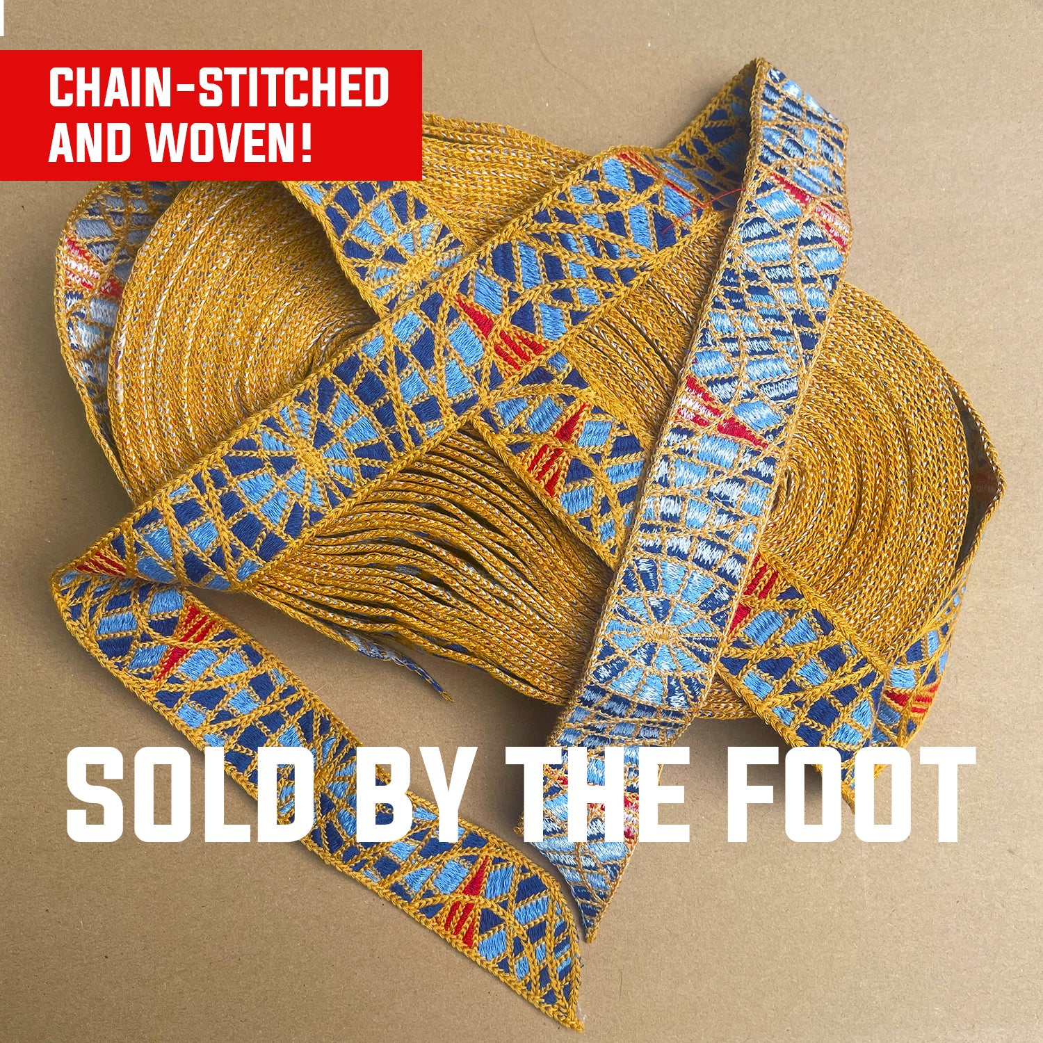Sold by the Foot Premium Jacquard Woven & Chain-Stitched Carpet Webbing