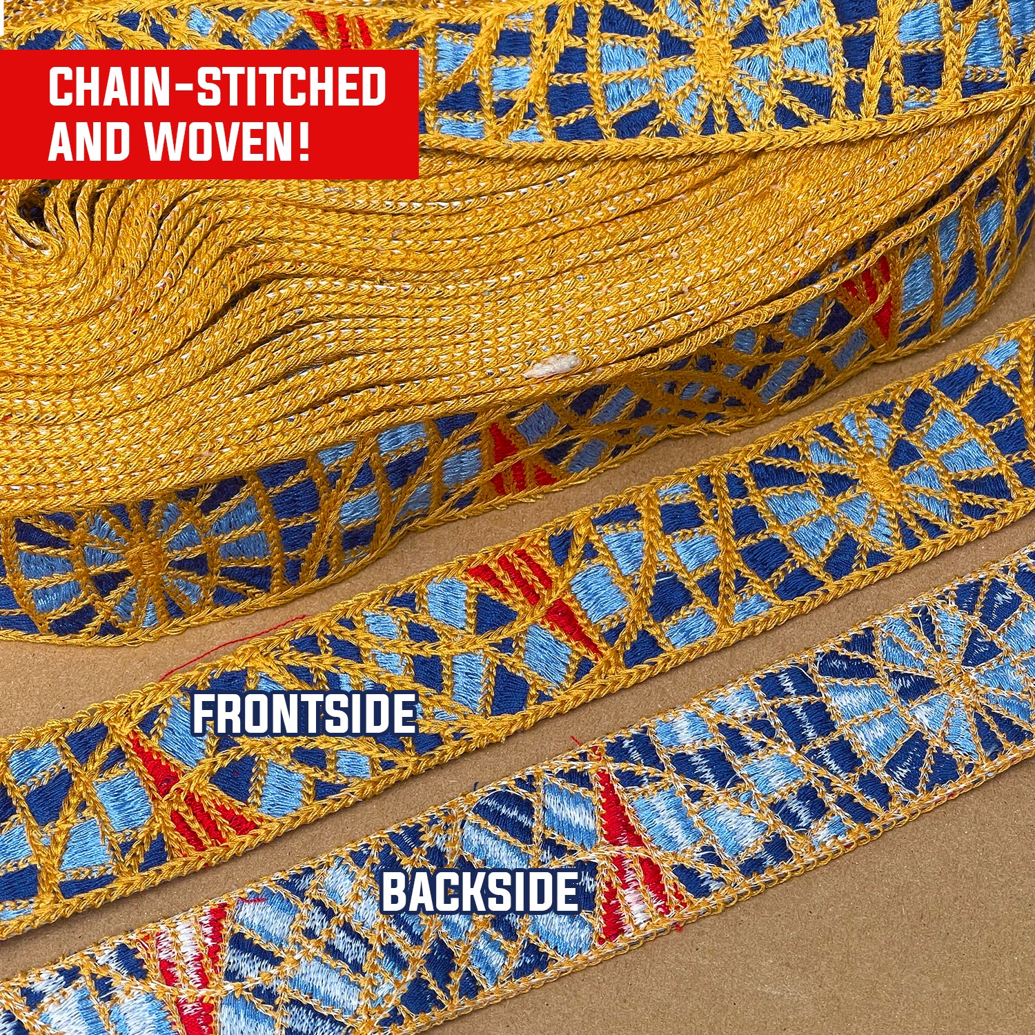 Sold by the Foot Premium Jacquard Woven & Chain-Stitched Carpet Webbing