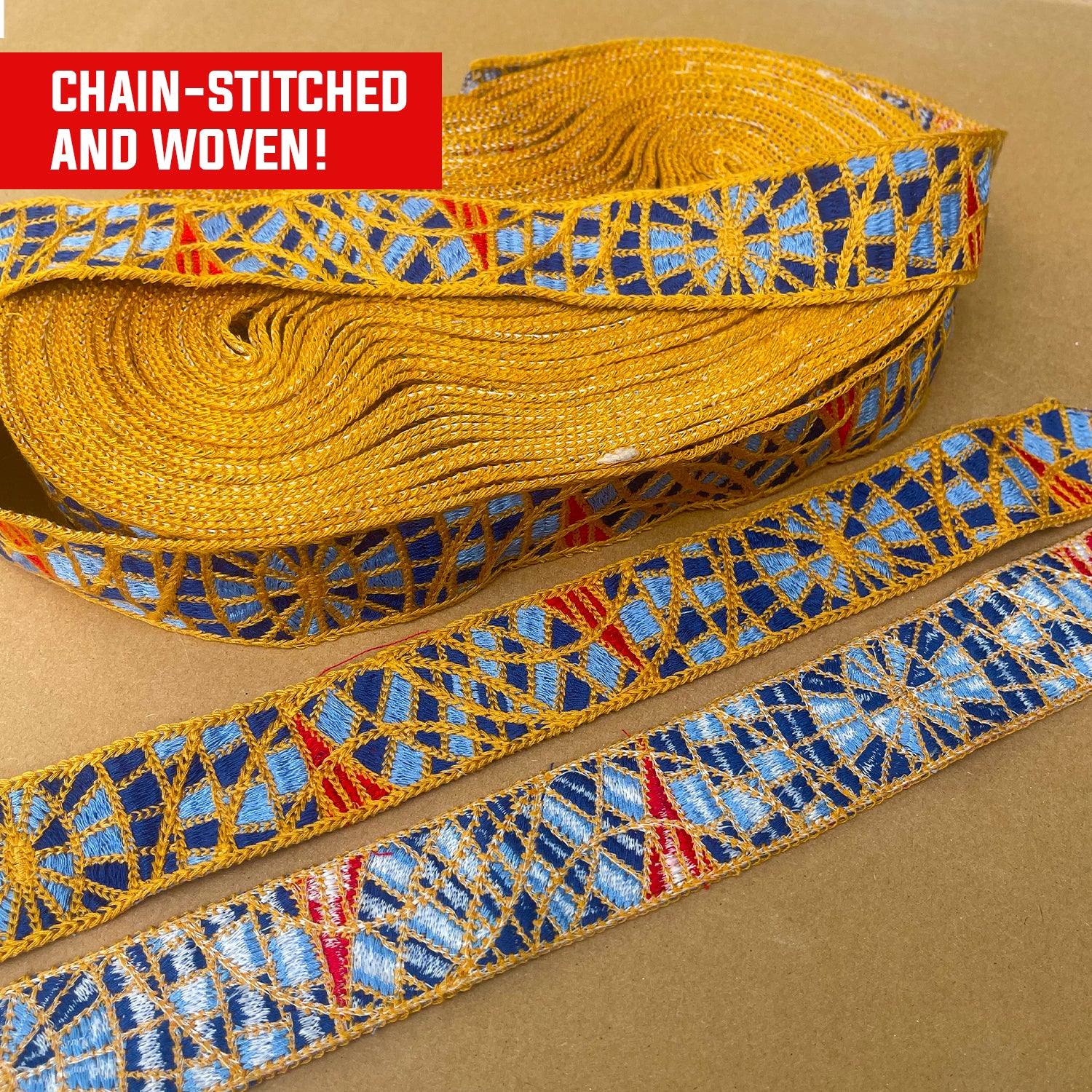 Sold by the Foot Premium Jacquard Woven & Chain-Stitched Carpet Webbing