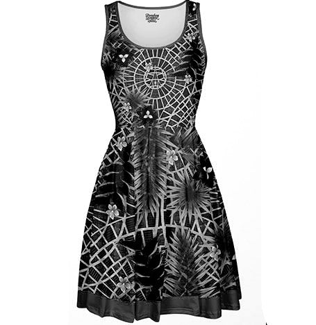 Black Tiki Carpet Knee Length Skater Dress + Pockets (ETA 8-10 Weeks)